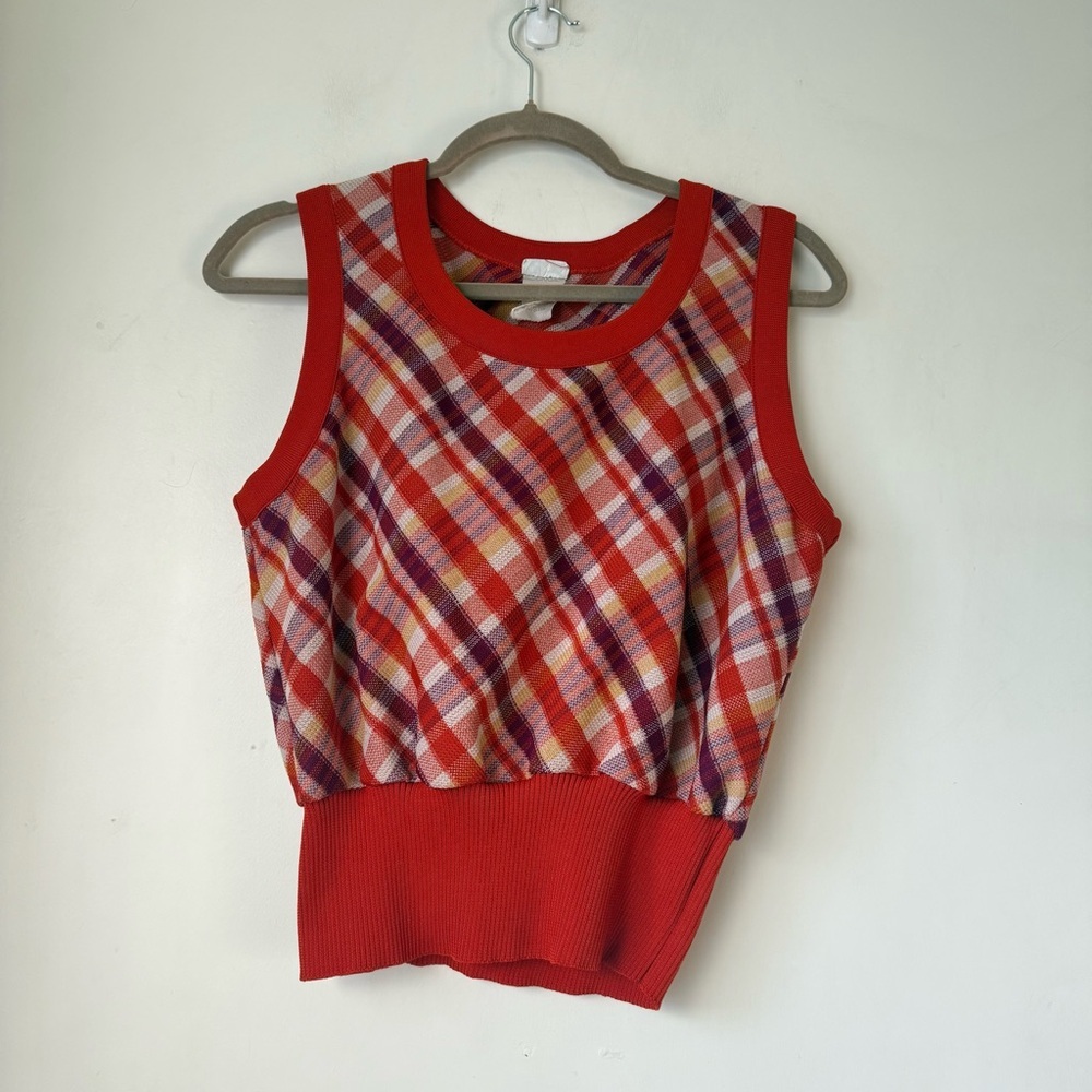 Vintage 90s Aileen Red Plaid Knit Vest Top L